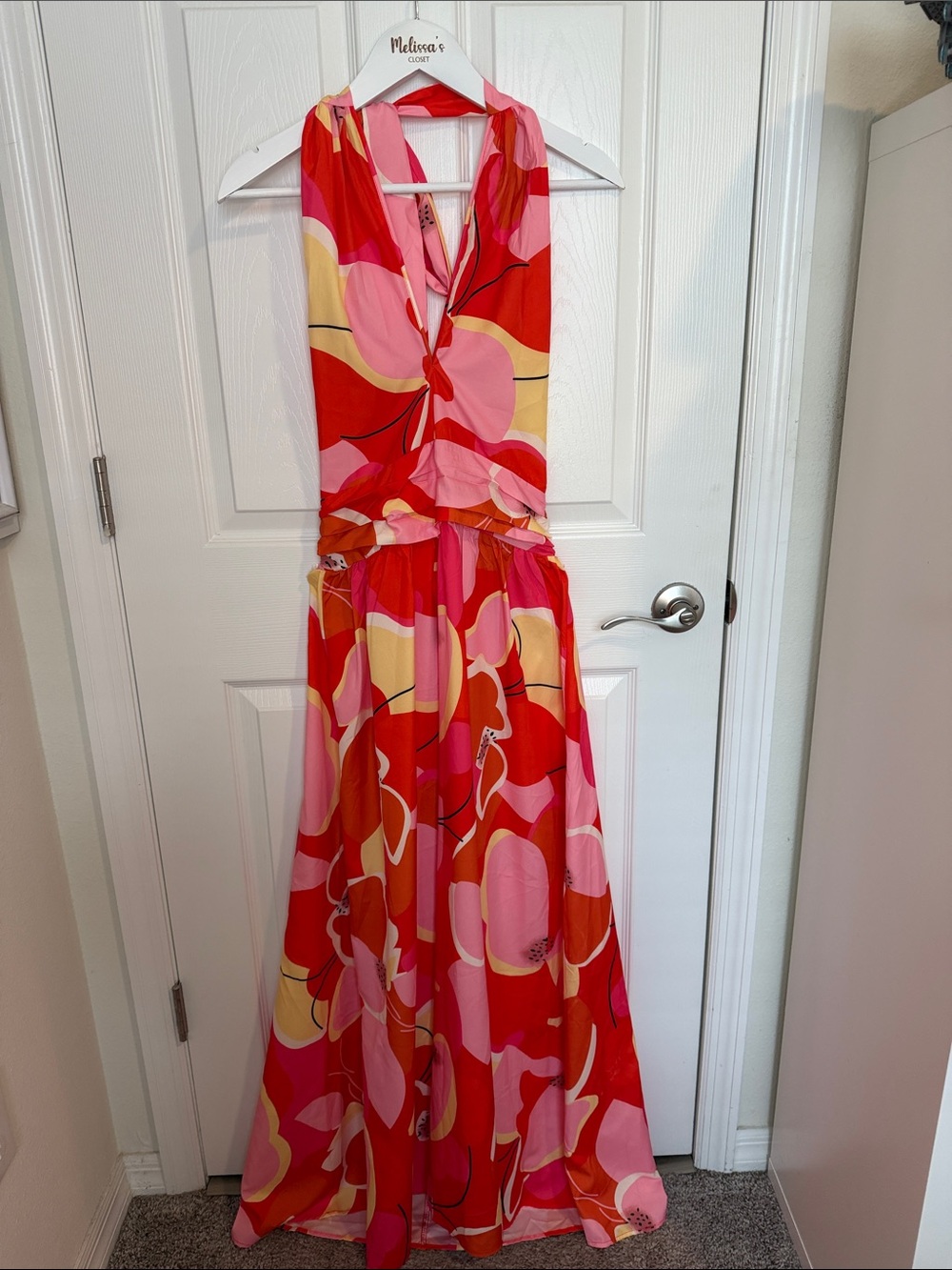 SHEIN Floral Halter Maxi Dress Pink Orange Red Size Large